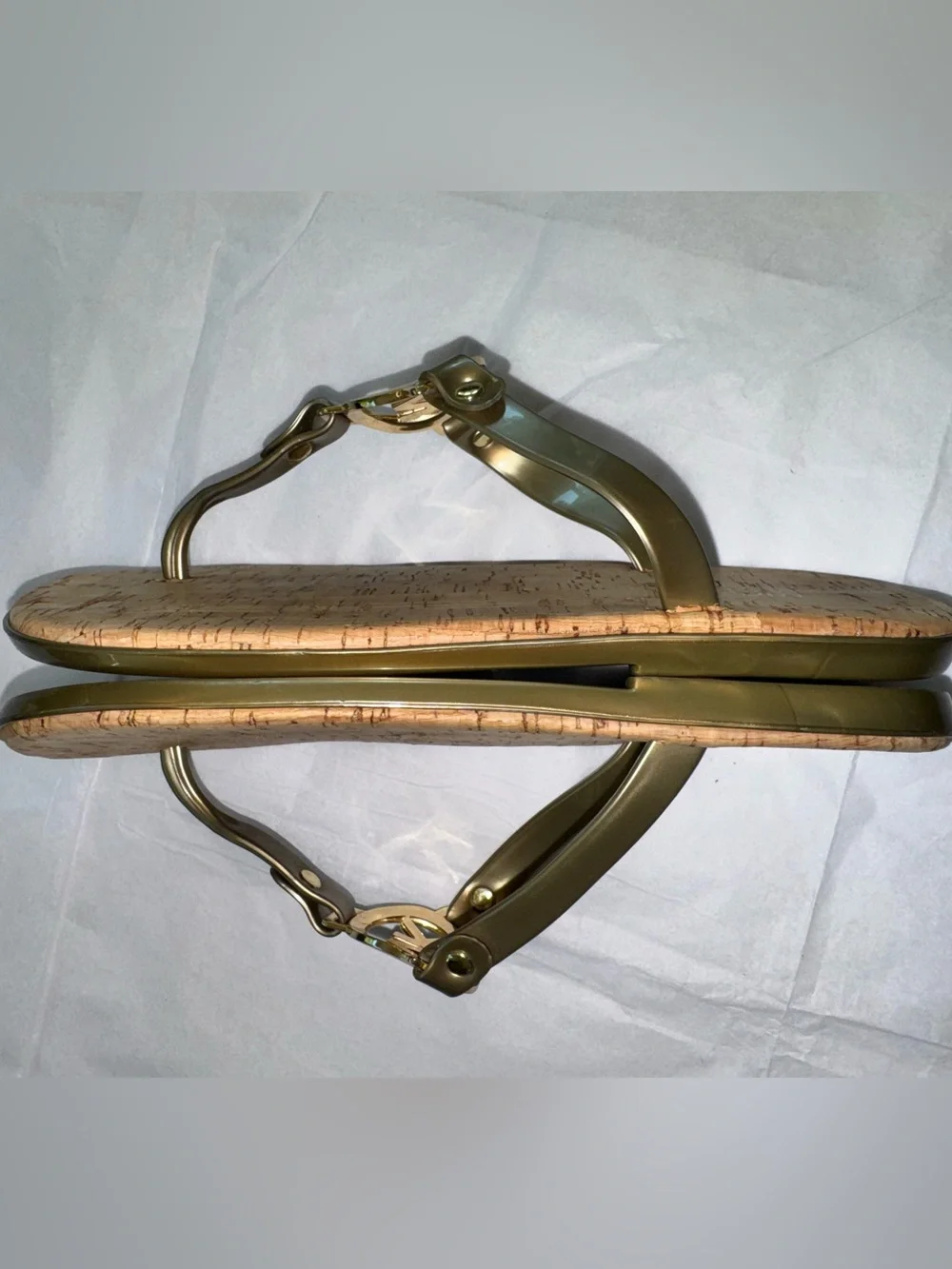 Michael Kors Jelly & Cork Flip Flops MK Charm Logo Sandals Pewter & Gold 6